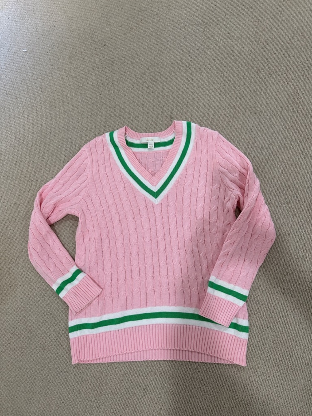 Lilly Pulitzer Pink Cable-Knit V-Neck Sweater with Green Trim